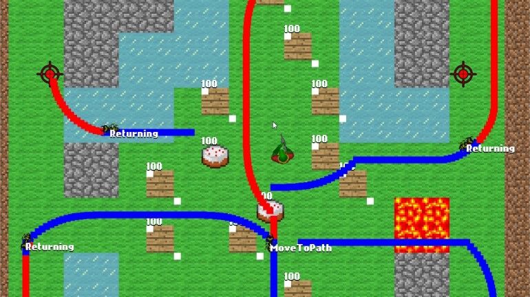 Debug visualization for path finding with bezier curves. This was an early version of the pathfinding feature, and was later refined so that the curvature of path nodes was smoother.